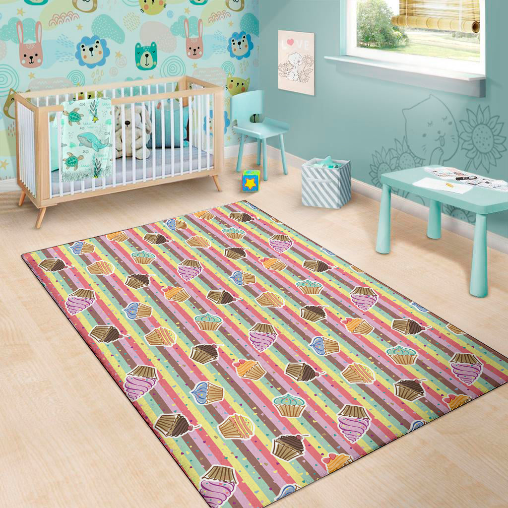 Pastel Striped Cupcake Pattern Print Area Rug