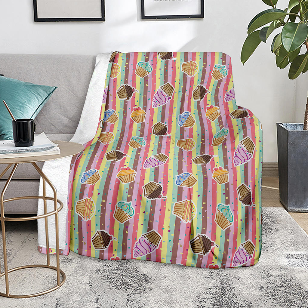 Pastel Striped Cupcake Pattern Print Blanket