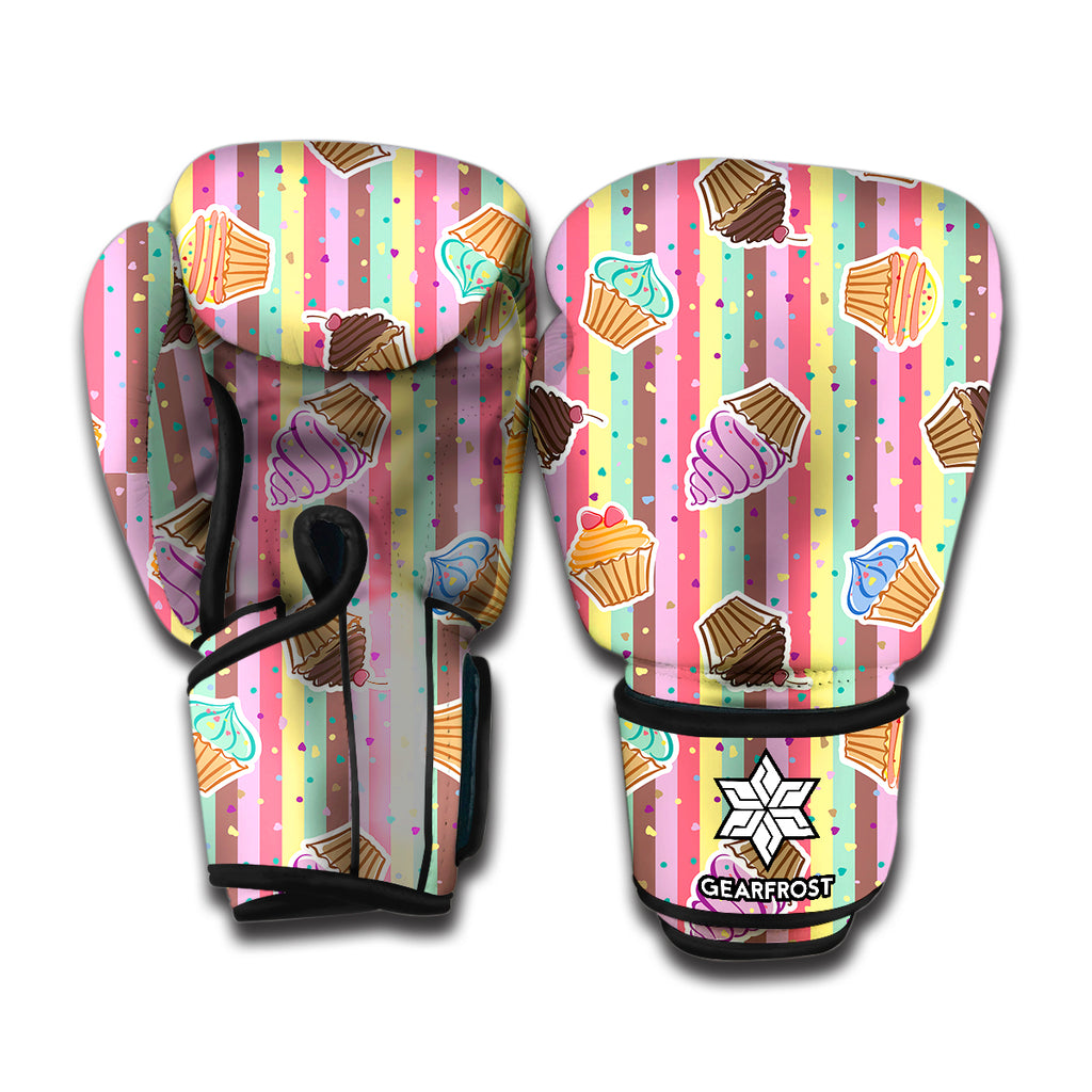 Pastel Striped Cupcake Pattern Print Boxing Gloves