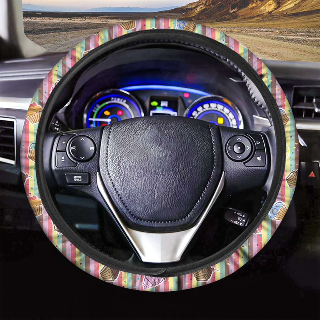 Pastel Striped Cupcake Pattern Print Car Steering Wheel Cover