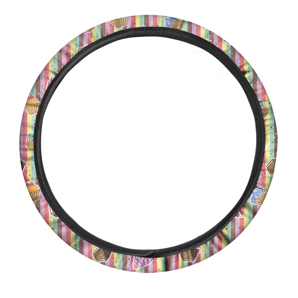 Pastel Striped Cupcake Pattern Print Car Steering Wheel Cover