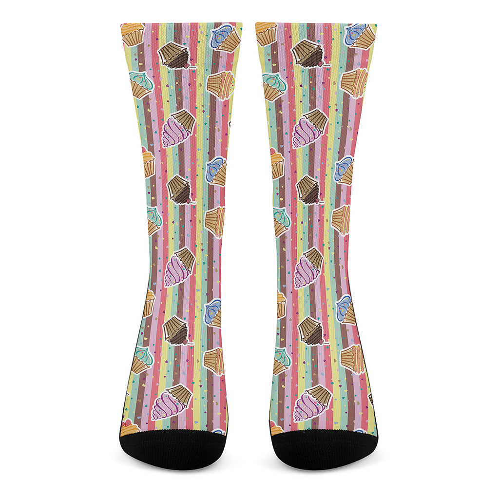 Pastel Striped Cupcake Pattern Print Crew Socks