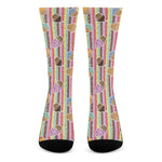 Pastel Striped Cupcake Pattern Print Crew Socks