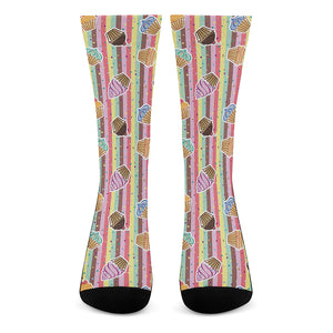 Pastel Striped Cupcake Pattern Print Crew Socks