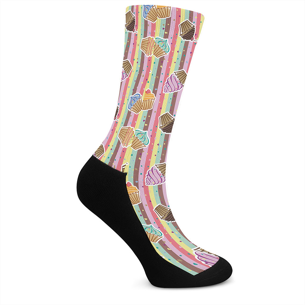 Pastel Striped Cupcake Pattern Print Crew Socks