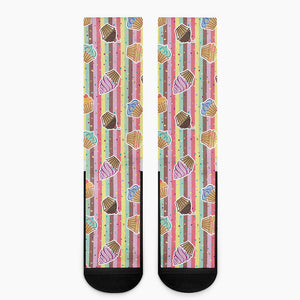 Pastel Striped Cupcake Pattern Print Crew Socks