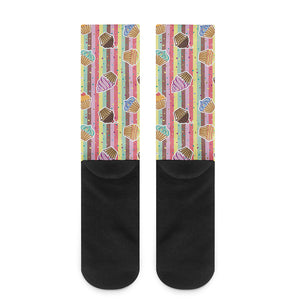 Pastel Striped Cupcake Pattern Print Crew Socks