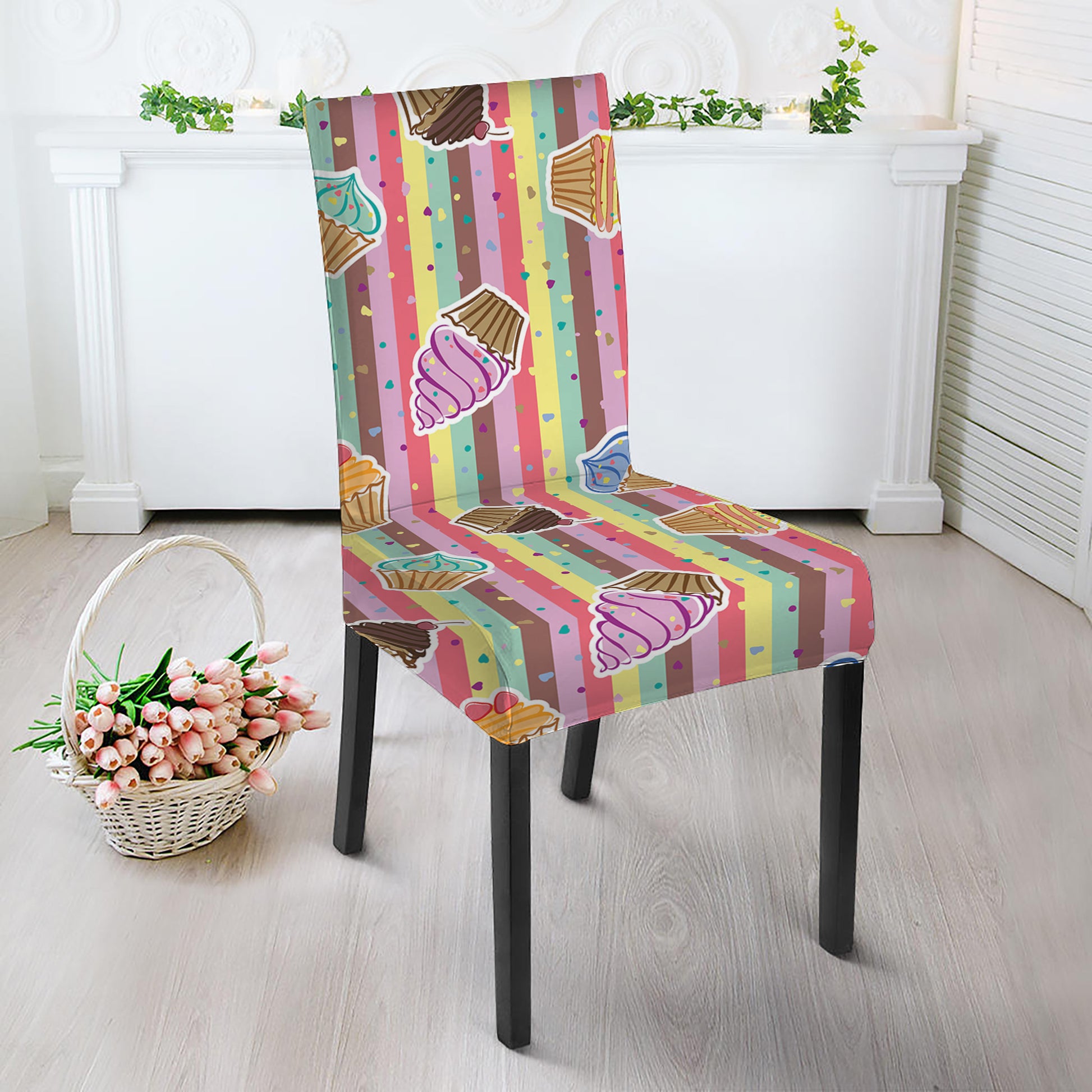 Pastel Striped Cupcake Pattern Print Dining Chair Slipcover