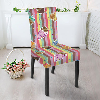 Pastel Striped Cupcake Pattern Print Dining Chair Slipcover
