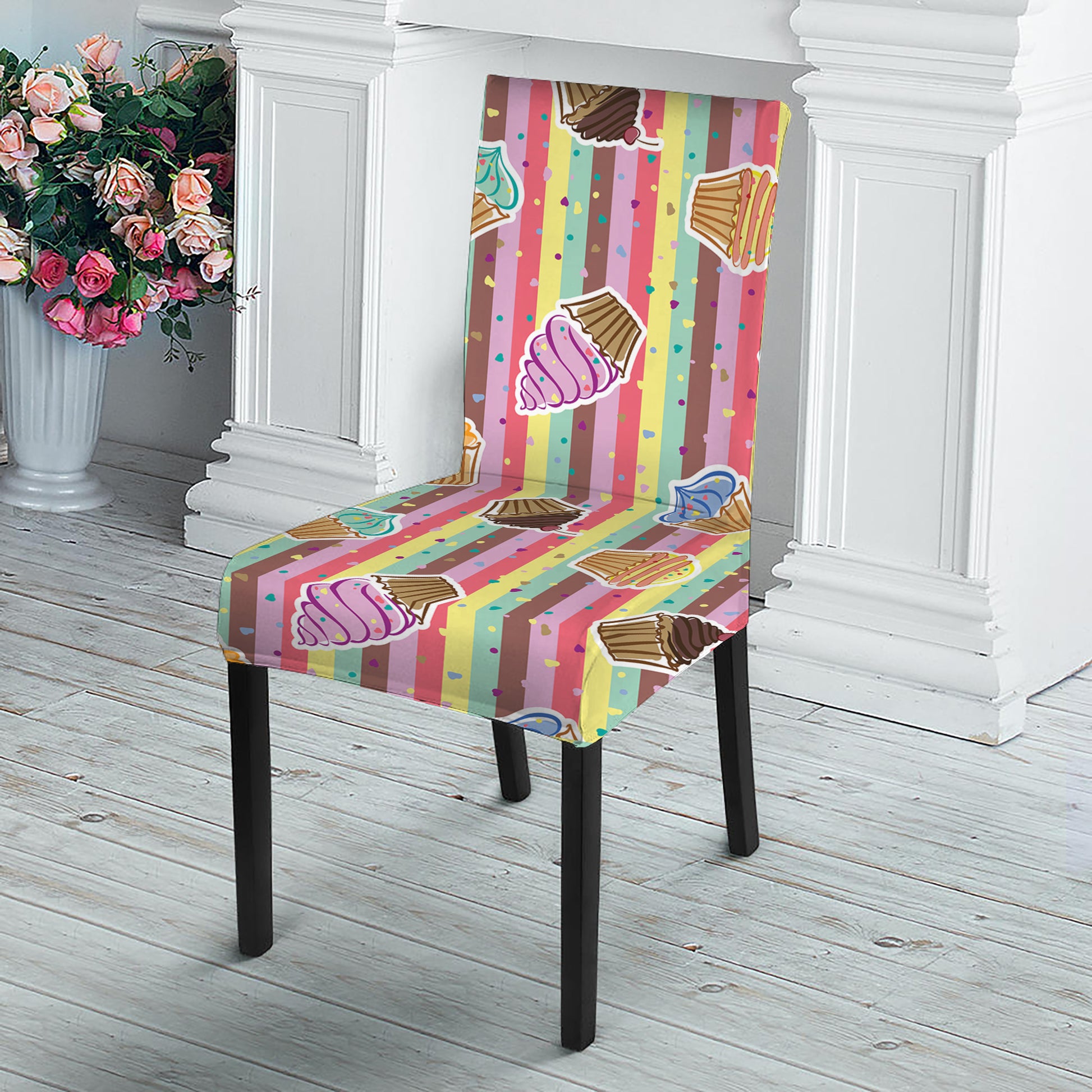 Pastel Striped Cupcake Pattern Print Dining Chair Slipcover