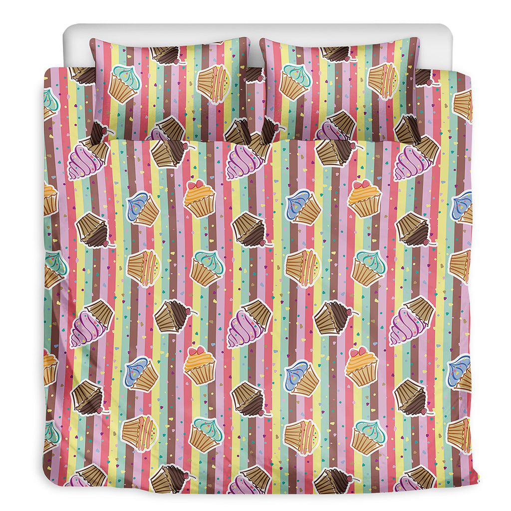 Pastel Striped Cupcake Pattern Print Duvet Cover Bedding Set