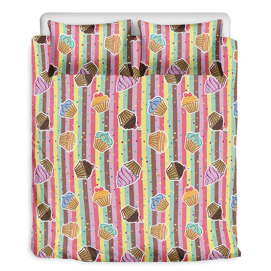 Pastel Striped Cupcake Pattern Print Duvet Cover Bedding Set