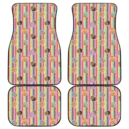 Pastel Striped Cupcake Pattern Print Front and Back Car Floor Mats