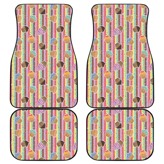Pastel Striped Cupcake Pattern Print Front and Back Car Floor Mats