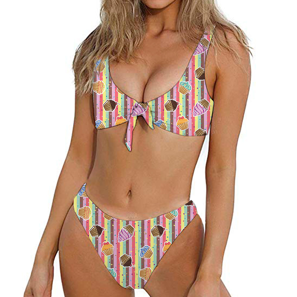 Pastel Striped Cupcake Pattern Print Front Bow Tie Bikini