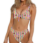 Pastel Striped Cupcake Pattern Print Front Bow Tie Bikini