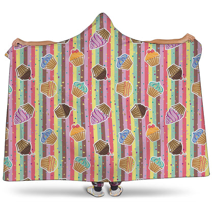 Pastel Striped Cupcake Pattern Print Hooded Blanket