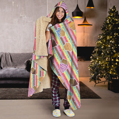 Pastel Striped Cupcake Pattern Print Hooded Blanket