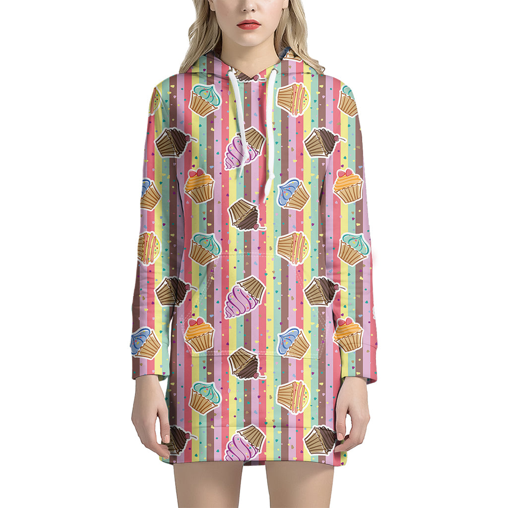 Pastel Striped Cupcake Pattern Print Hoodie Dress