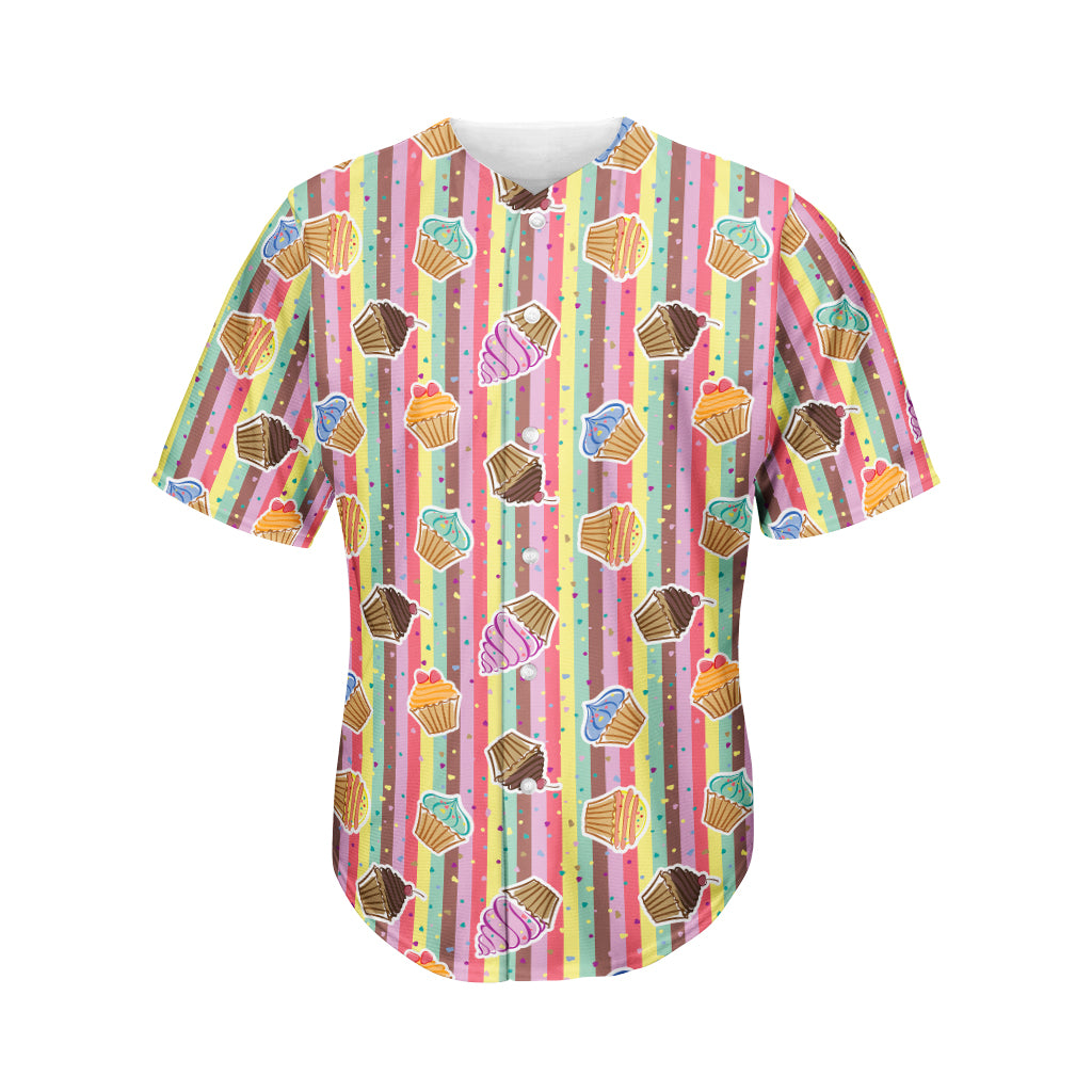 Pastel Striped Cupcake Pattern Print Men's Baseball Jersey