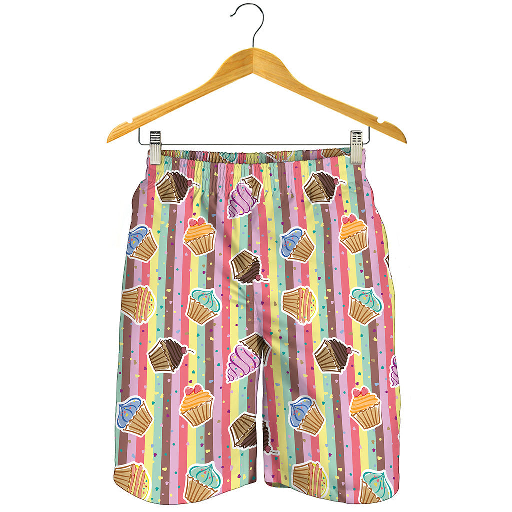 Pastel Striped Cupcake Pattern Print Men's Shorts