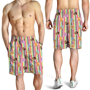 Pastel Striped Cupcake Pattern Print Men's Shorts