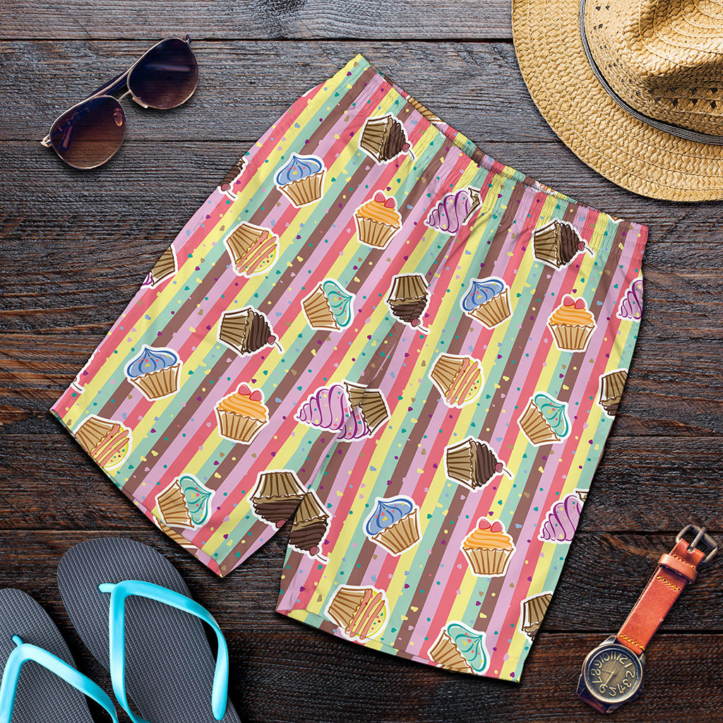 Pastel Striped Cupcake Pattern Print Men's Shorts