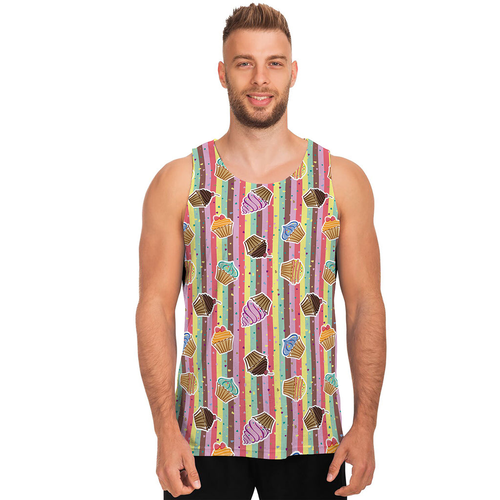 Pastel Striped Cupcake Pattern Print Men's Tank Top