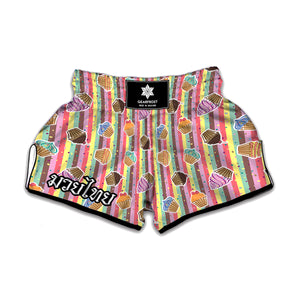 Pastel Striped Cupcake Pattern Print Muay Thai Boxing Shorts