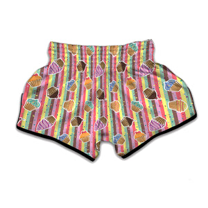 Pastel Striped Cupcake Pattern Print Muay Thai Boxing Shorts