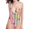 Pastel Striped Cupcake Pattern Print One Piece High Cut Swimsuit