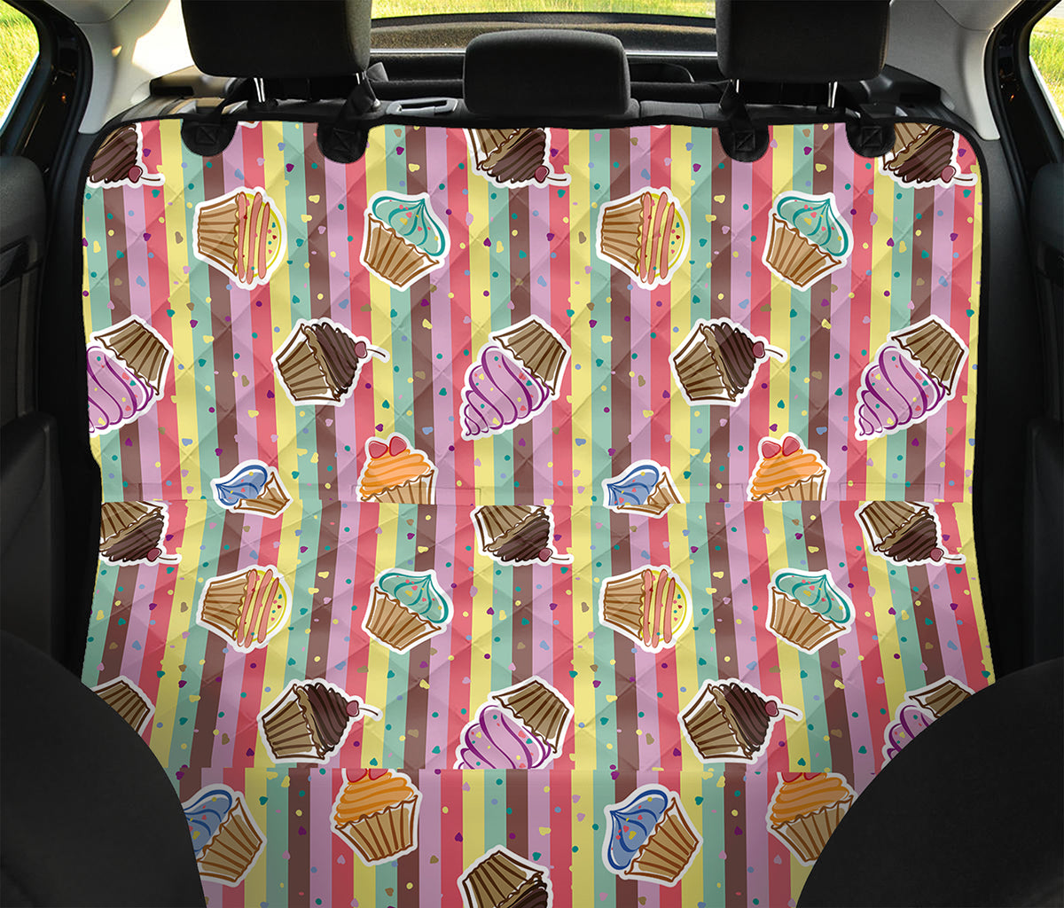 Pastel Striped Cupcake Pattern Print Pet Car Back Seat Cover