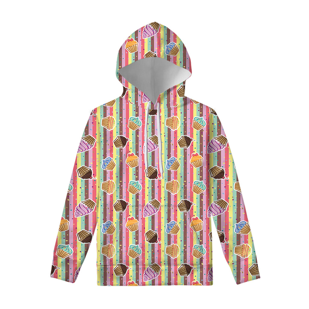 Pastel Striped Cupcake Pattern Print Pullover Hoodie