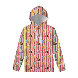 Pastel Striped Cupcake Pattern Print Pullover Hoodie