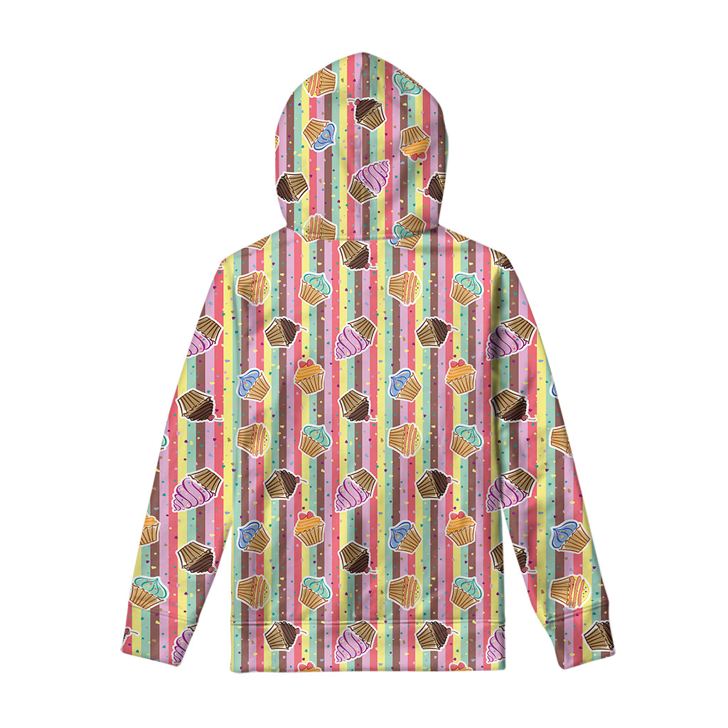 Pastel Striped Cupcake Pattern Print Pullover Hoodie