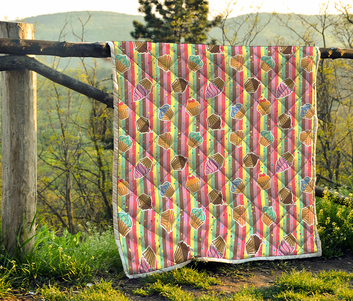Pastel Striped Cupcake Pattern Print Quilt