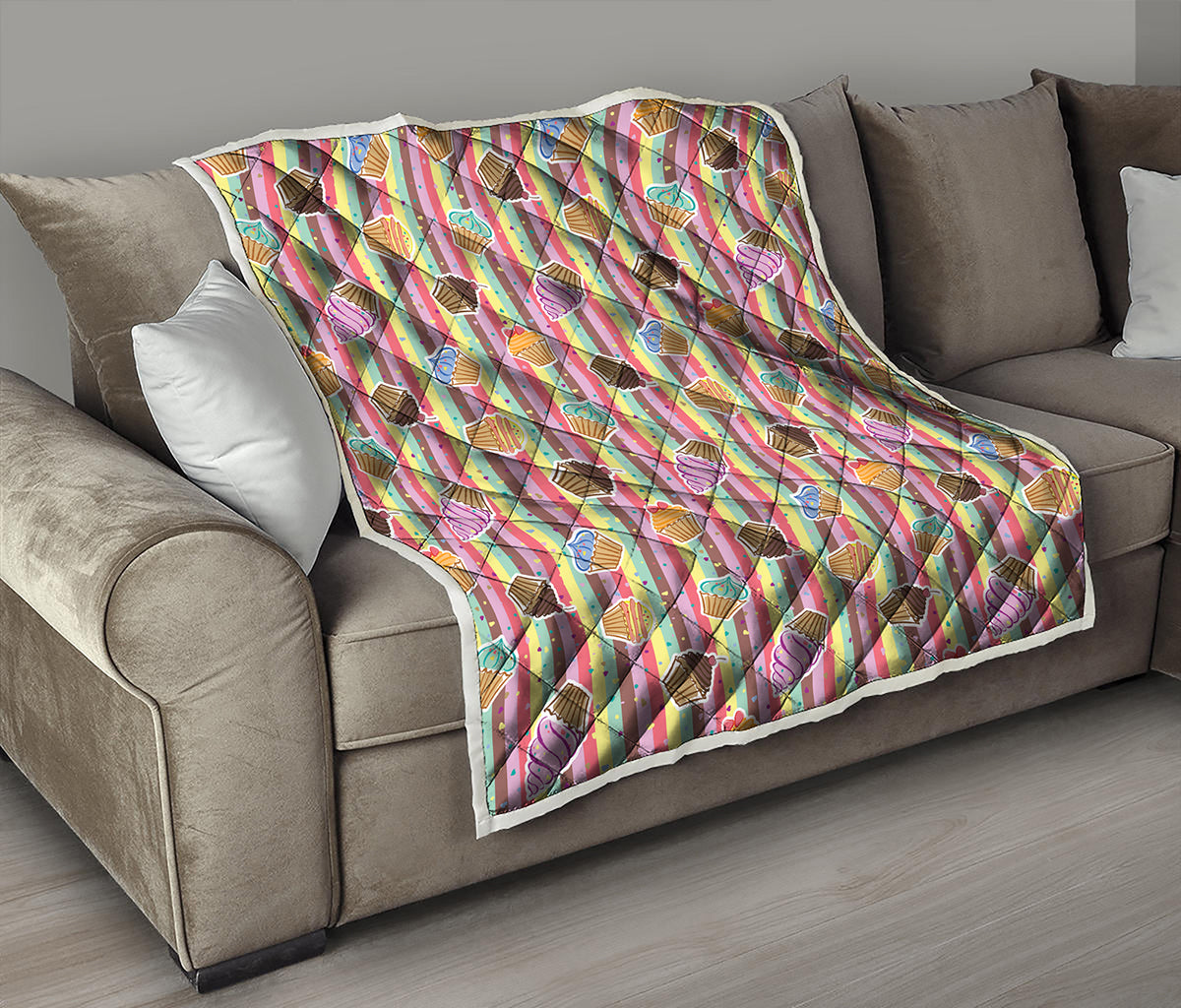 Pastel Striped Cupcake Pattern Print Quilt