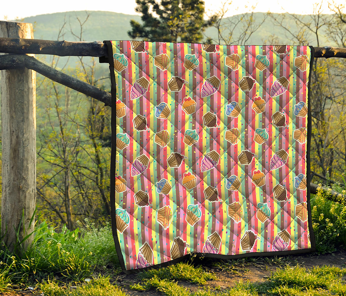 Pastel Striped Cupcake Pattern Print Quilt