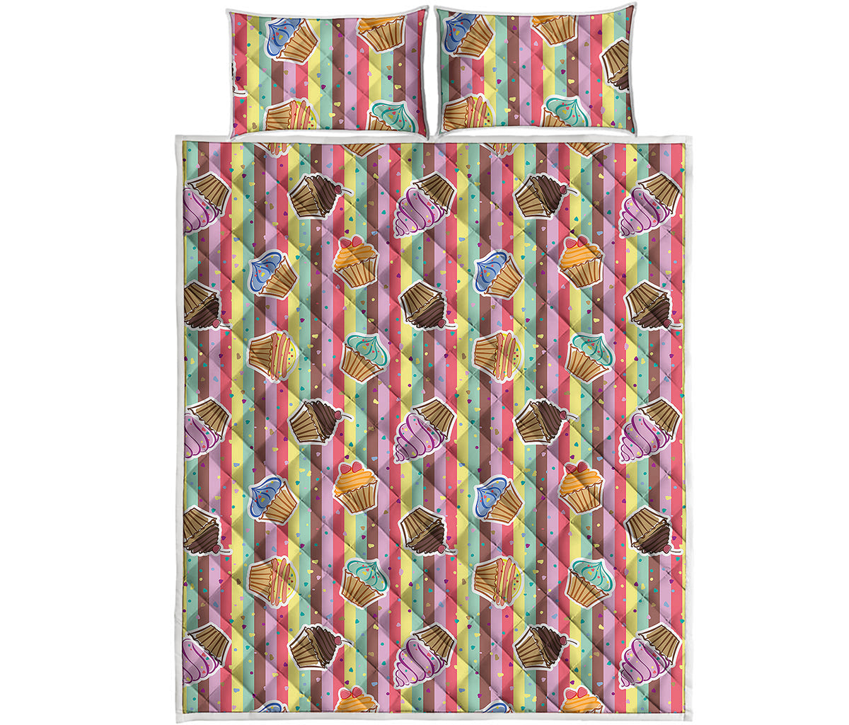 Pastel Striped Cupcake Pattern Print Quilt Bed Set