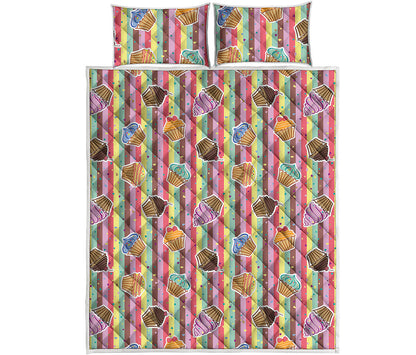 Pastel Striped Cupcake Pattern Print Quilt Bed Set