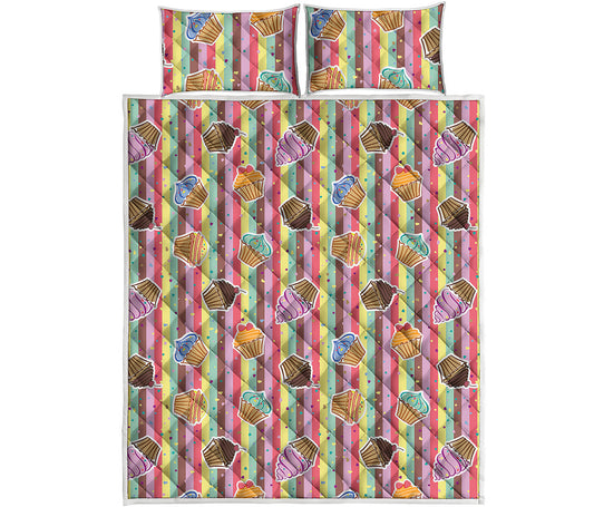 Pastel Striped Cupcake Pattern Print Quilt Bed Set