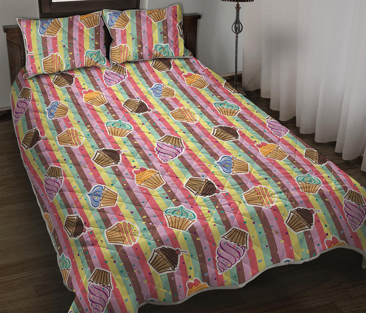 Pastel Striped Cupcake Pattern Print Quilt Bed Set