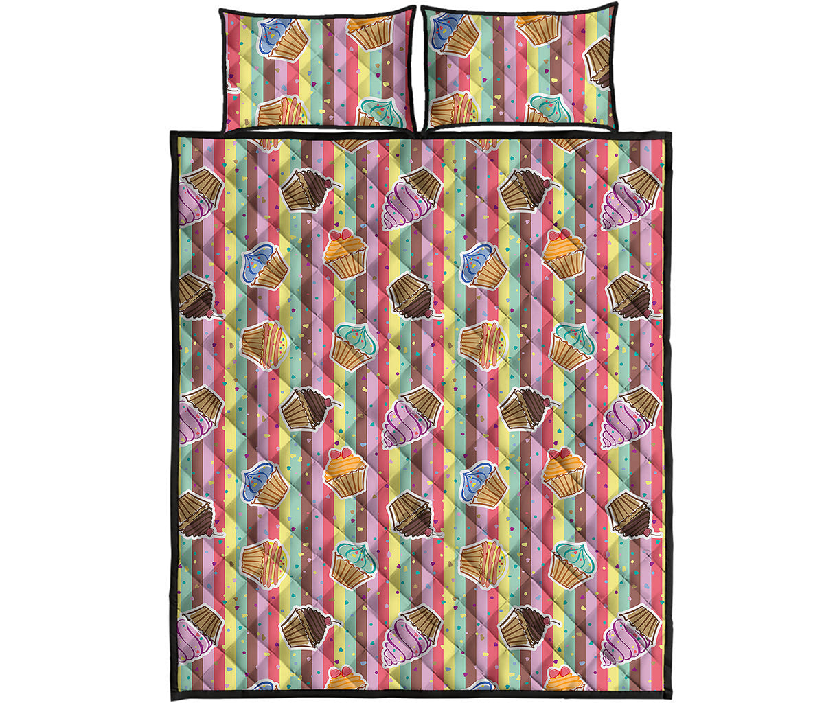 Pastel Striped Cupcake Pattern Print Quilt Bed Set