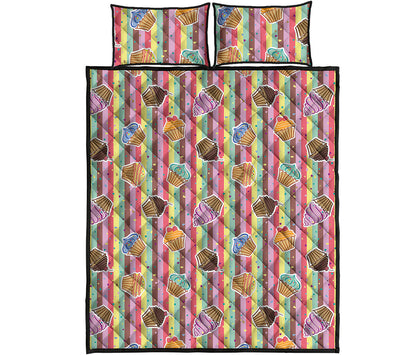 Pastel Striped Cupcake Pattern Print Quilt Bed Set