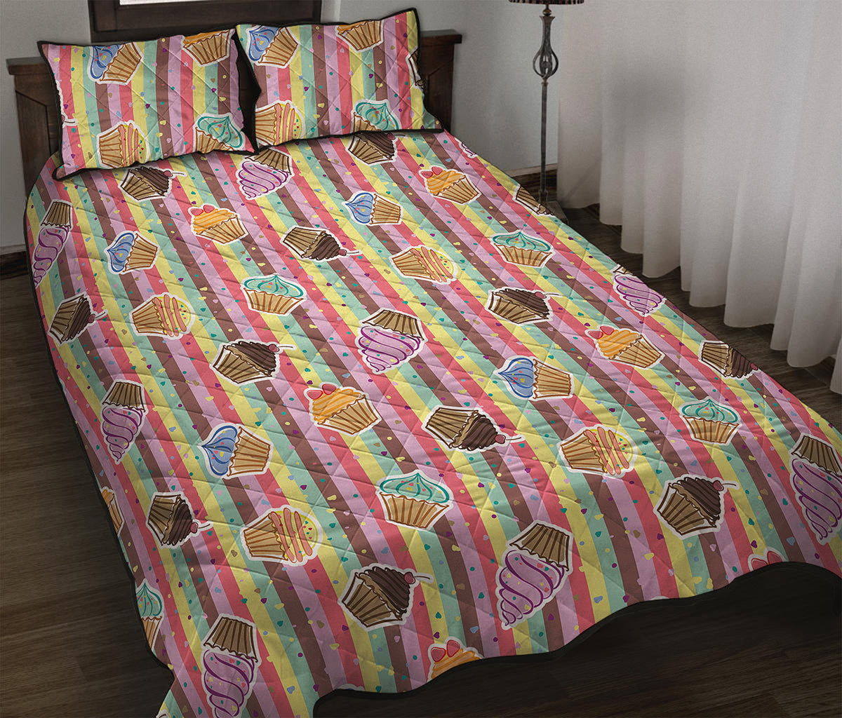 Pastel Striped Cupcake Pattern Print Quilt Bed Set