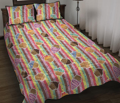 Pastel Striped Cupcake Pattern Print Quilt Bed Set