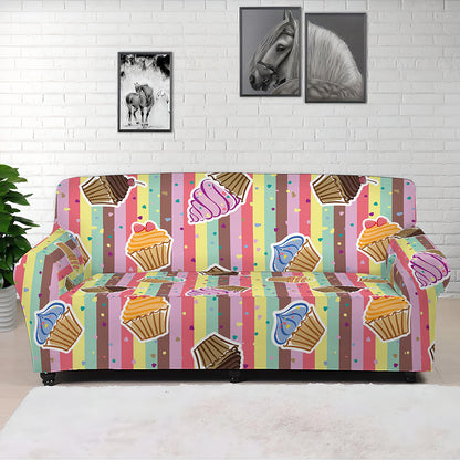 Pastel Striped Cupcake Pattern Print Sofa Cover
