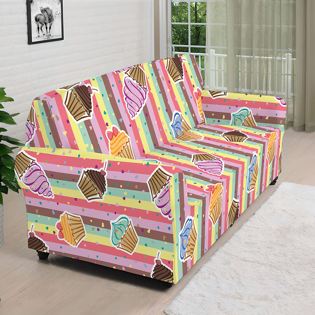 Pastel Striped Cupcake Pattern Print Sofa Cover