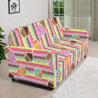 Pastel Striped Cupcake Pattern Print Sofa Cover
