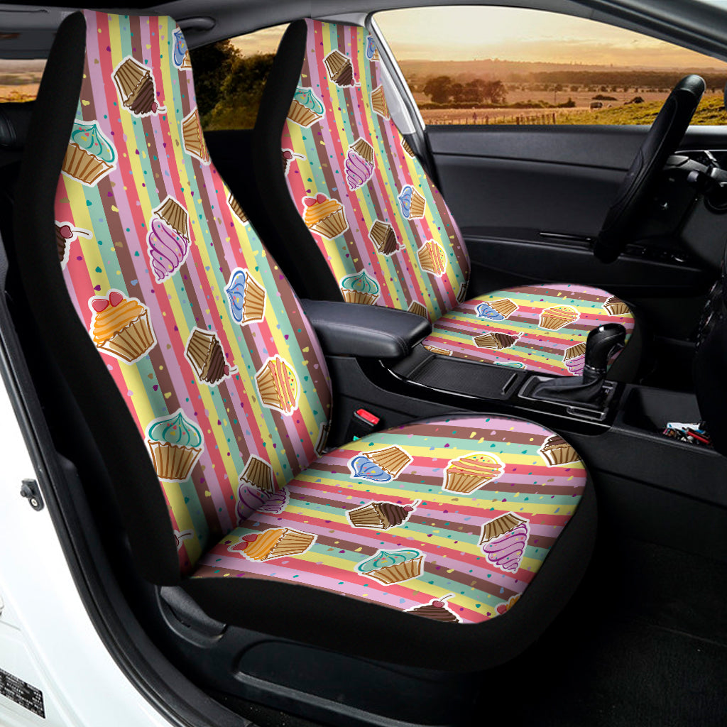 Pastel Striped Cupcake Pattern Print Universal Fit Car Seat Covers